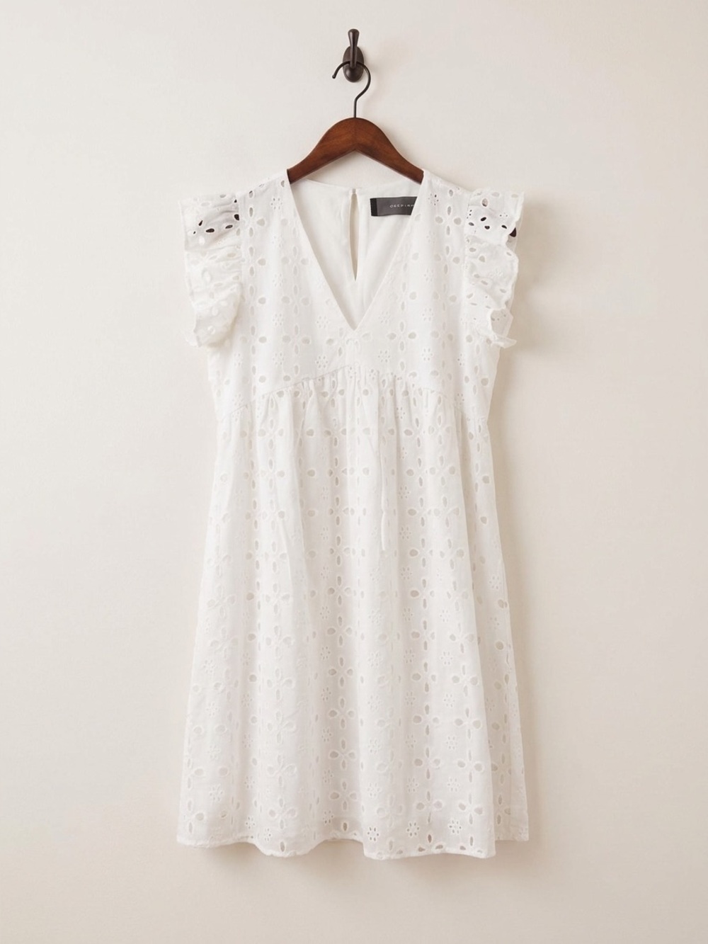 Eyelet V-Neck Mini Dress with Ruffle Cap Sleeves - White